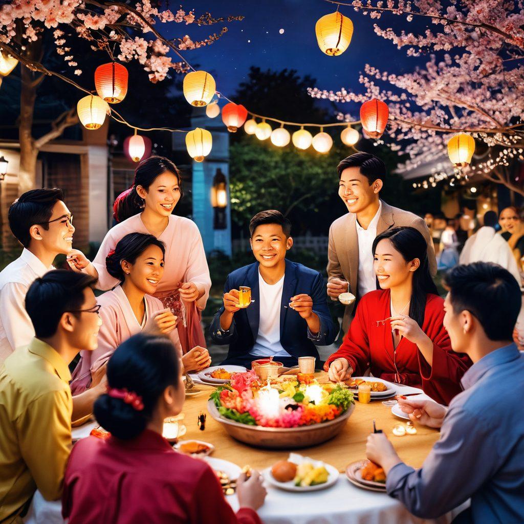 A diverse group of Asian individuals engaging in vibrant conversations at a community gathering, showcasing warmth and connection. Illustrate couples of different backgrounds enjoying traditional food, surrounded by colorful decorations symbolizing love and unity. Include elements like lanterns, cherry blossoms, and engagement rings to represent romantic connections. super-realistic. vibrant colors. warm ambiance.