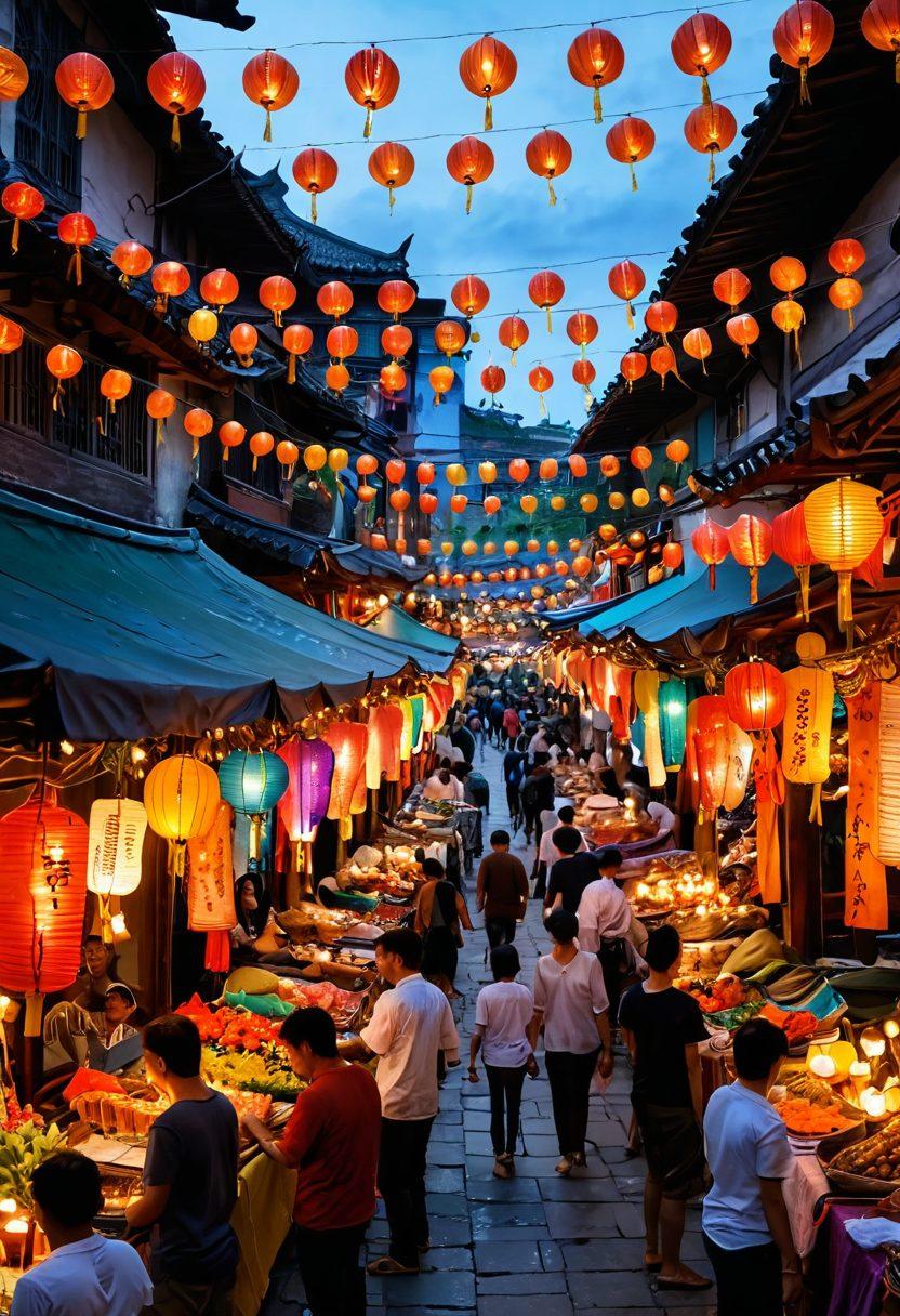 A vibrant marketplace in Asia, filled with colorful stalls showcasing traditional crafts and street food. In the foreground, a diverse group of people of different Asian descents joyfully interacting, sharing stories and laughter. Colorful lanterns and decorations drape overhead, creating a warm atmosphere. Incorporate playful elements like children playing with kites and a dragon dance in the background. super-realistic. vibrant colors. dynamic composition.