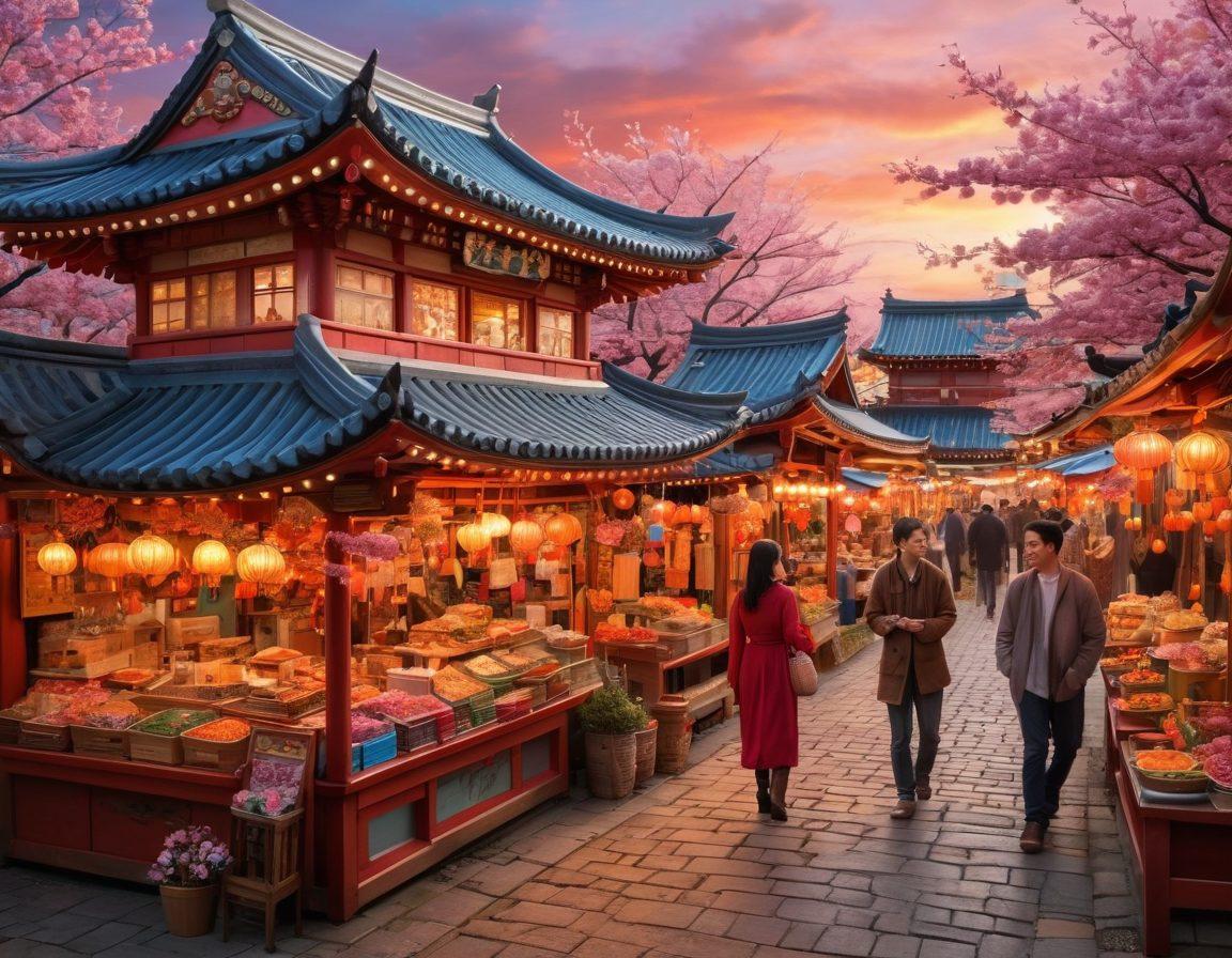 A whimsical scene showcasing a vibrant Asian marketplace filled with adorable couples interacting, surrounded by colorful stalls selling cute trinkets and heartwarming food. Incorporate elements of traditional Asian architecture in the background, with cherry blossoms gently falling. Highlight playful gestures such as couples sharing laughter, exchanging sweet treats, and enjoying a picturesque sunset. This should evoke feelings of charm and romance. super-realistic. vibrant colors. 3D.